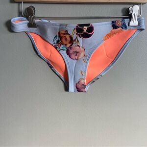 Triangl Swimwear Floral Bikini Bottom - Light Blue and Coral